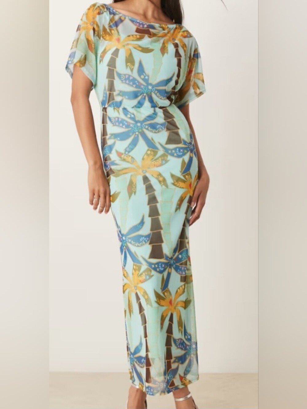 Never Fully Dressed Mint Tropical Palm Maxi Dress with Blue & Mustard Motifs